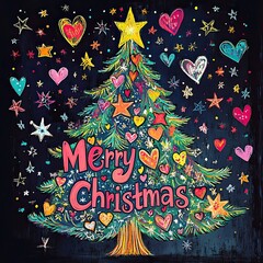 A Christmas tree with "Merry Christmas" in the center, surrounded by stars and hearts in various colors.