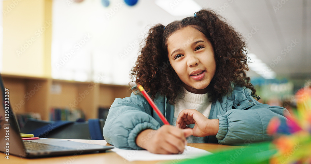 Poster Child, girl and writing with laptop for thinking, e learning or online class for knowledge. Virtual school, development and student on technology for project activity on teaching platform in library