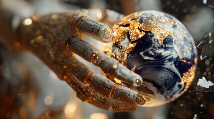 Robotic hand touches Earth causing digital explosion symbolizing artificial intelligence future technology innovation global network sci-fi concept cyberpunk high tech machine learning








