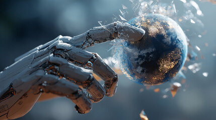 Robotic hand touches Earth causing digital explosion symbolizing artificial intelligence future technology innovation global network sci-fi concept cyberpunk high tech machine learning








