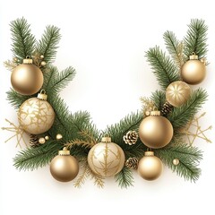 A garland of Christmas decorations with golden ornaments and pine branches.