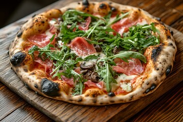 Freshly baked pizza with toppings on rustic wooden board