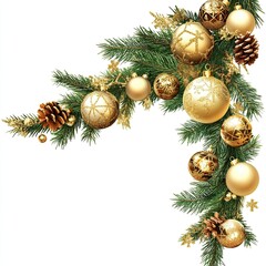 A garland of Christmas decorations with golden ornaments and pine branches.