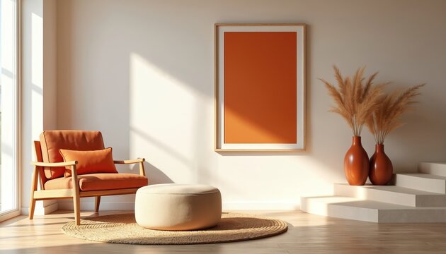 Minimalist living room design. Terra cotta accent armchair, orange pillow. Modern Japandi interior decor. Wooden frame picture, beige pouf, vase with dry flowers on steps.