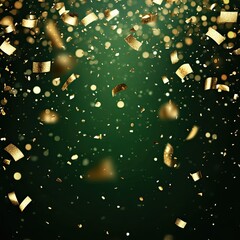 A green and gold background with gold confetti.