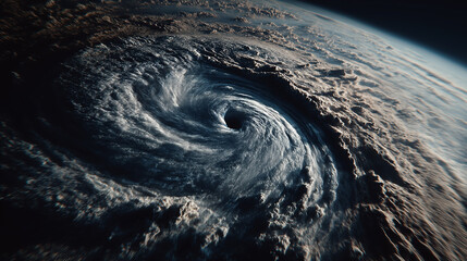 Aerial satellite view of a powerful swirling hurricane over the ocean showing dramatic cloud patterns extreme weather cyclone eye storm force nature atmosphere global climate