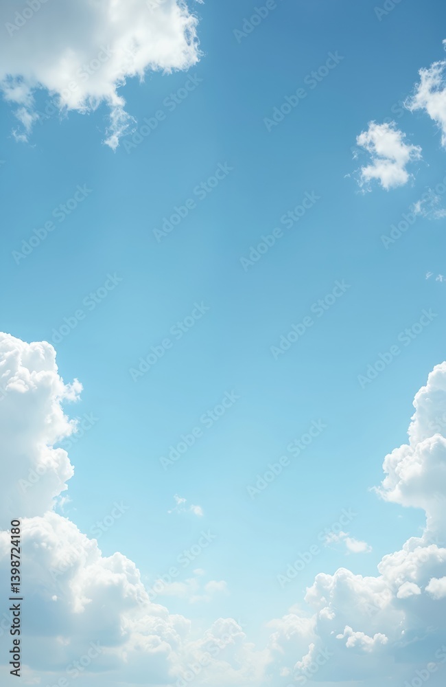 Poster blue sky background with white clouds. clear summer day sky. fluffy cumulus clouds float in bright s