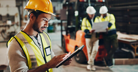 Tablet, building or man in carpentry workshop for furniture manufacturing, renovation or labor....