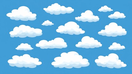 Collection of cartoon clouds on blue sky background.