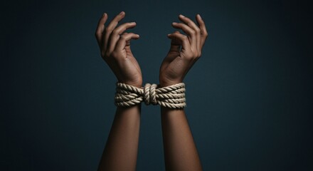 Two hands are shown with their wrists bound together by a thick rope against a dark background. The image evokes a sense of captivity or restraint.