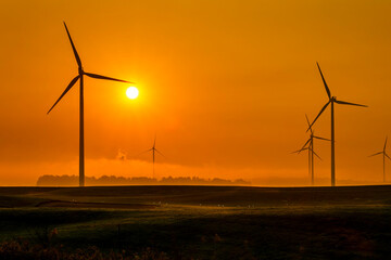 wind turbines in the rising sun, Ontario, Canada