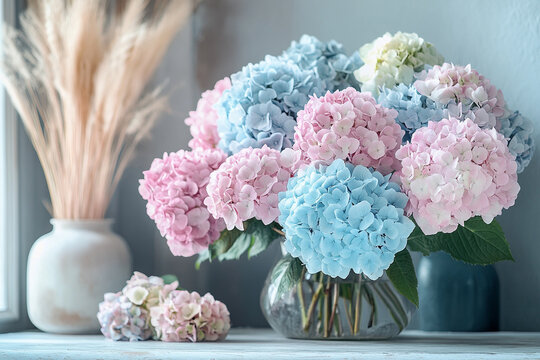 Colorful hydrangea bouquet in a stylish interior setting
