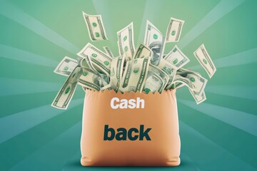 Creative graphic layout showcasing cash back concept with money flying from bag