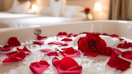 A red rose and petals floating in bubbly bath water