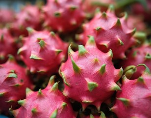 Close-up photo of dragon fruit. Exotic tropical food with pink skin, green leaves. Fresh, healthy nutrition. Pitaya fruit. Vegetarian diet, vitamin source, summer fruit. Textured background.