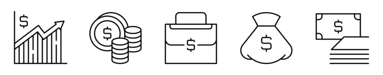 Conjunto de iconos de ganancia. Crecimiento financiero, ingresos y resultados económicos. Gráfica con dinero, monedas, maletín y bolsa con dinero,  billetes