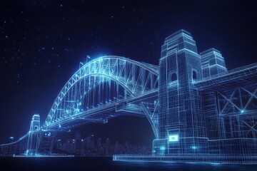 Fototapeta premium Digital graphic layout showcasing an illuminated bridge with futuristic design elements at night