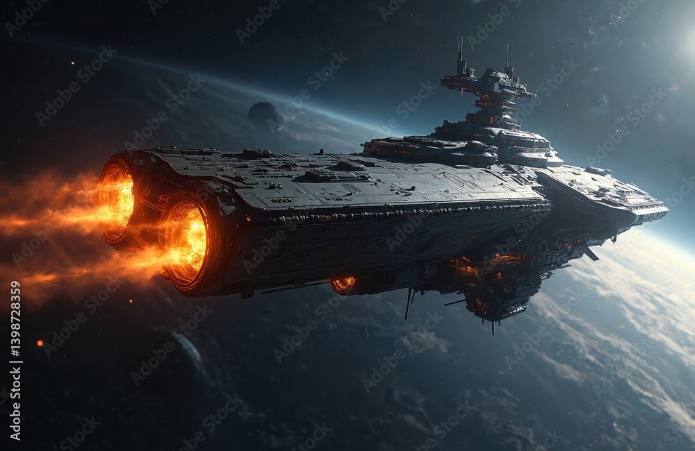 Poster futuristic spaceship flies space above planet. sci-fi large spacecraft with burning engines, travel 
