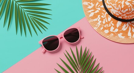 A flat lay composition displays a pink sunglasses, an orange floral beach hat, and green palm leaves against a split turquoise and pink background, evoking a summery and tropical vibe. 