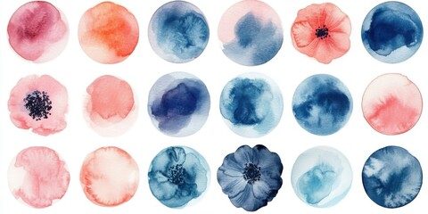 Colorful watercolor circles and floral patterns in pink and blue tones