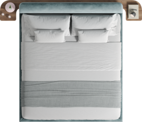 Top view of double bed with blanket and headboard with side tables