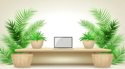 A computer display with plants and wicker decor is depicted