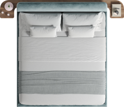 Top view of double bed with blanket and headboard with side tables