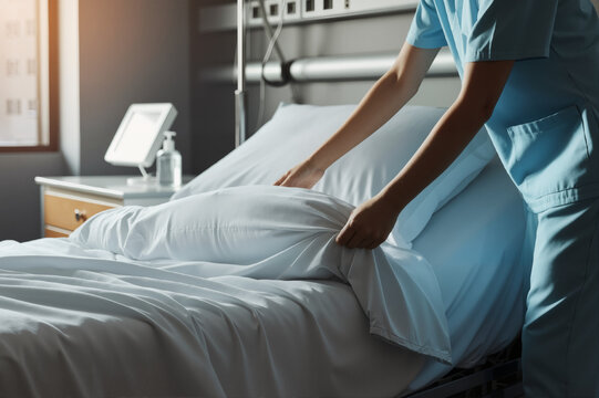 Nurse Preparing a Clean Bed for a Patient in a Hospital Room