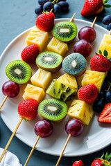 Colorful Fruit Skewers with Fresh Melon, Kiwi, Pineapple, Grapes and Strawberries

