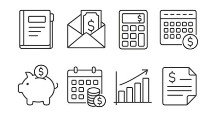 Set of six different financial symbols including a piggy bank, a calendar