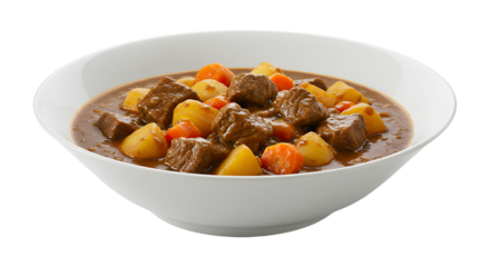 Delicious hearty beef stew with vegetables in white bowl showcasing vibrant colors and perfect texture