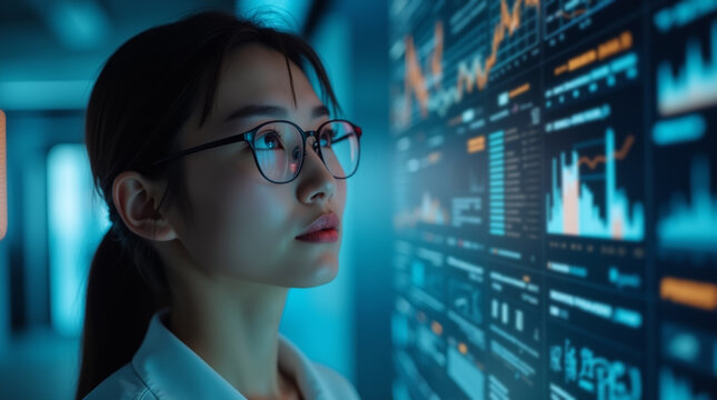 Young Asian woman in glasses looking at digital screen analyzing digital data trends - Powered by Adobe