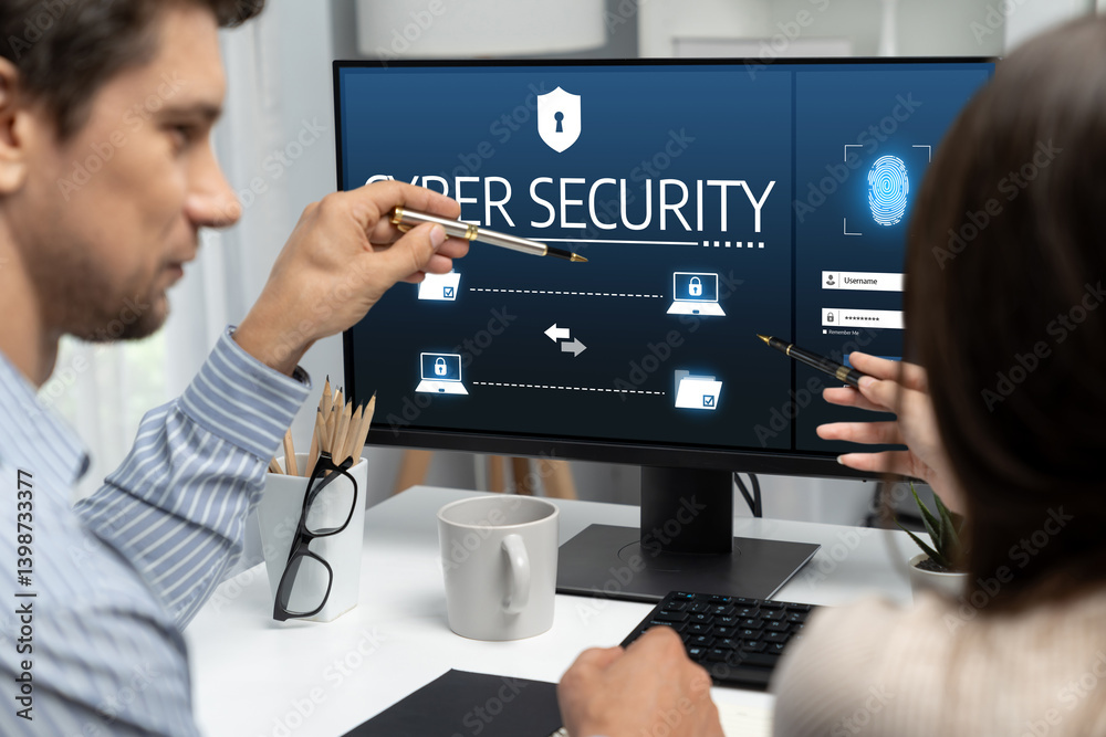 Poster cyber security system on computer screen protect private information brisk from hacker and cyber att
