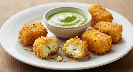 Delicious Golden Coconut Crusted Tofu Bites with Creamy Dipping Sauce