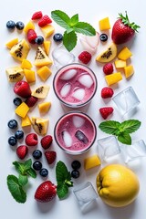 Refreshing Smoothie Elements Flat Lay – Fruit Mix, Ice Cubes, and Mint Leaves

