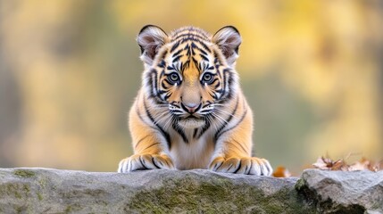 Obraz premium Adorable tiger cub on a rock. A small tiger cub, with striking orange and black stripes, sits attentively on a gray rock. Focused gaze, soft fur, and a curious expression.