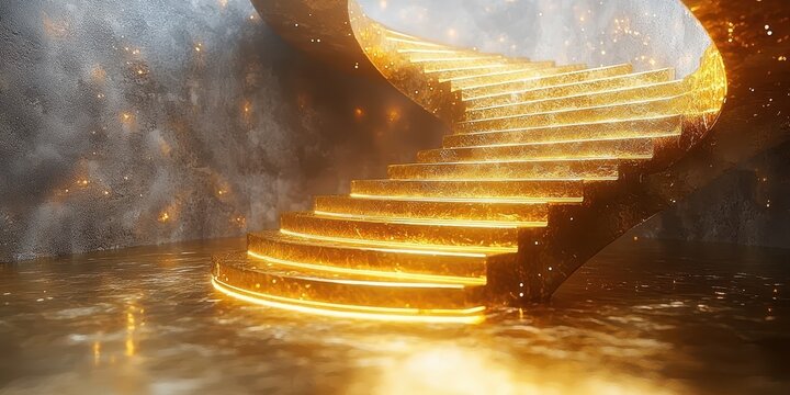 Golden spiral staircase ascending to infinity enigmatic location digital art ethereal environment dynamic viewpoint