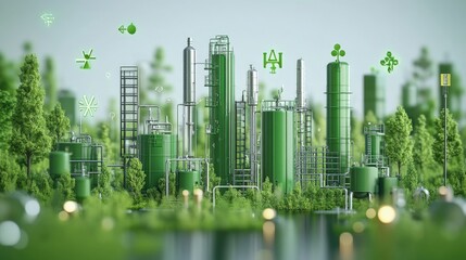 Green industrial landscape with eco-friendly technology symbols among lush greenery and water