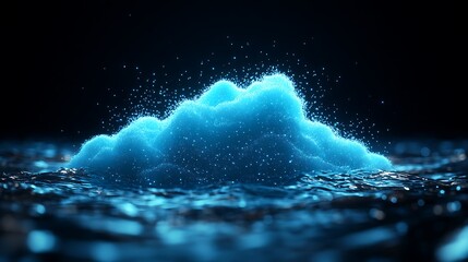 A luminous blue cloud floats above dark rippled water