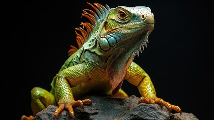 Obraz premium A green iguana rests on rocks, showcasing its vibrant scales against a black background for a striking contrast