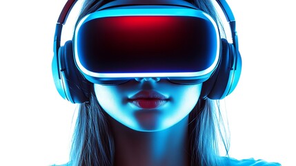 A woman wearing virtual reality headset with headphones on her head