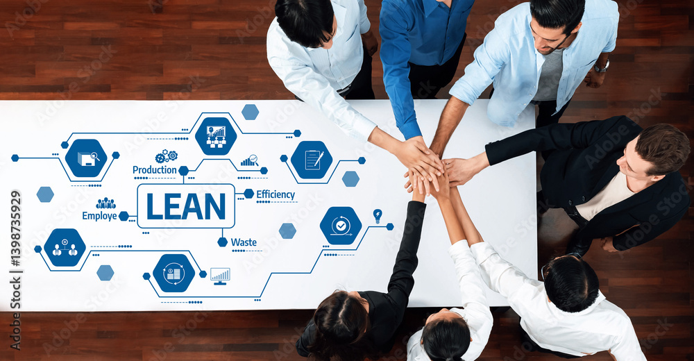 Poster A diverse team engages in a collaborative effort to apply Lean methodology, enhancing efficiency and reducing waste in a business environment, showcasing unity and focus. Amity
