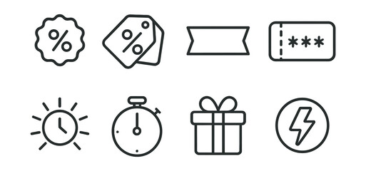 Set of icons for shopping, including a clock, a gift, a ticket, and a discount
