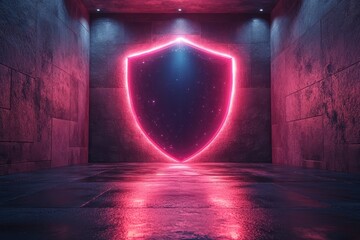 Graphic layout featuring neon shield design in a modern advertising space