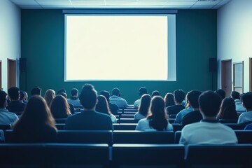 Group participates in remote classroom session displayed on large screen