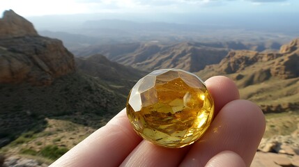 A hand holding a faceted yellow orb in the mountains