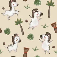 Seamless pattern featuring cheerful zebras dancing amidst lush tropical plants and traditional drums, creating a vibrant safari themed design