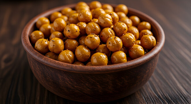 Savory Roasted Chickpeas Sprinkled With Spices In A Rustic Bowl