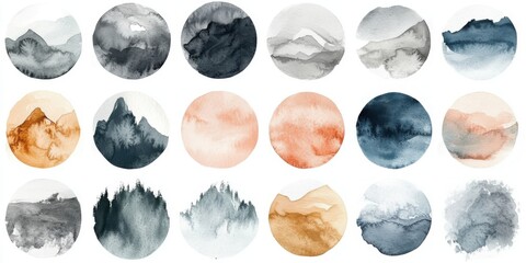 Abstract watercolor circle collection with natural landscape elements