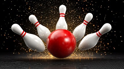 A red bowling ball hitting white pins on a black background